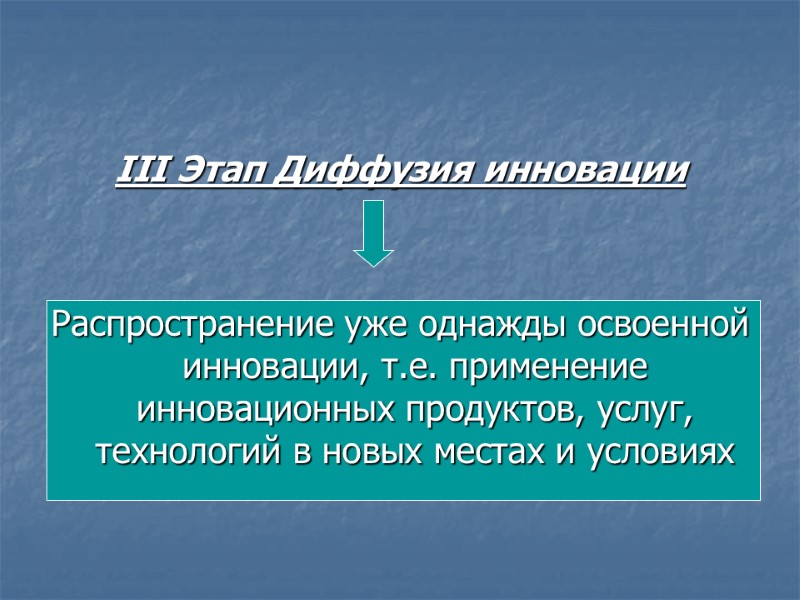 III Этап Диффузия инновации    Распространение уже однажды освоенной инновации, т.е. применение